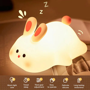 Cute Rabbit Silicone Night Lamp Touch Sensor Big Face Rabbit Pat Night Light Timing USB Rechargeable Light for Kids Gift